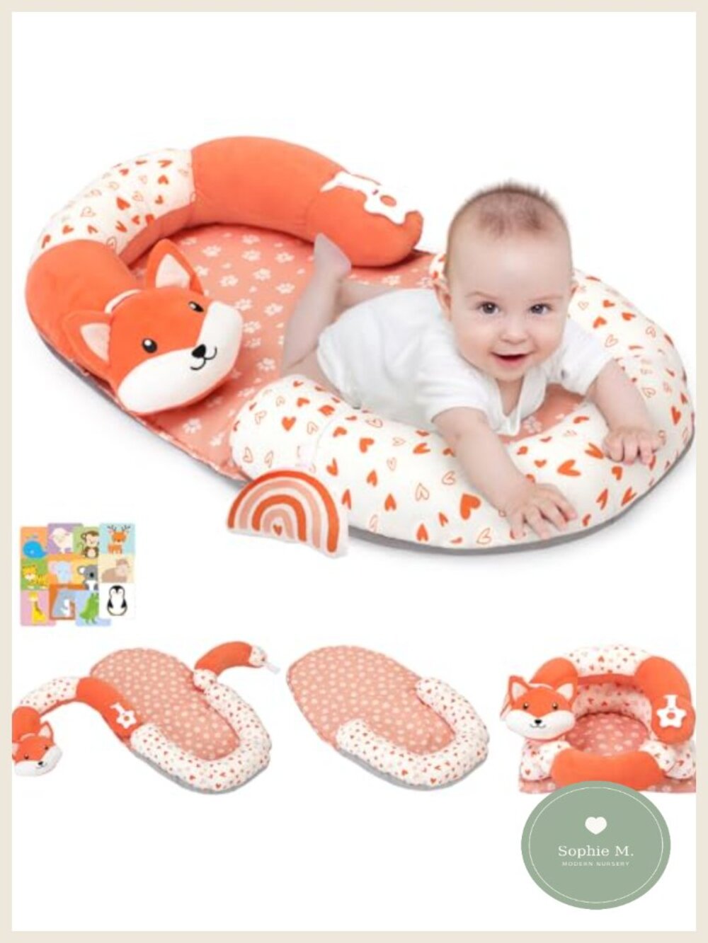 4-in-1 Tummy Time Mat Sitting Support Cotton with Educational Cards Teether Toys